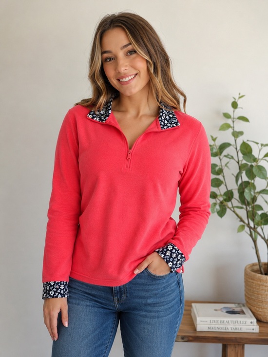 Orvis Tops - Orvis Women’s Ribbed Coral 1/4 Pullover Sweater M Navy Floral Cuff Accents